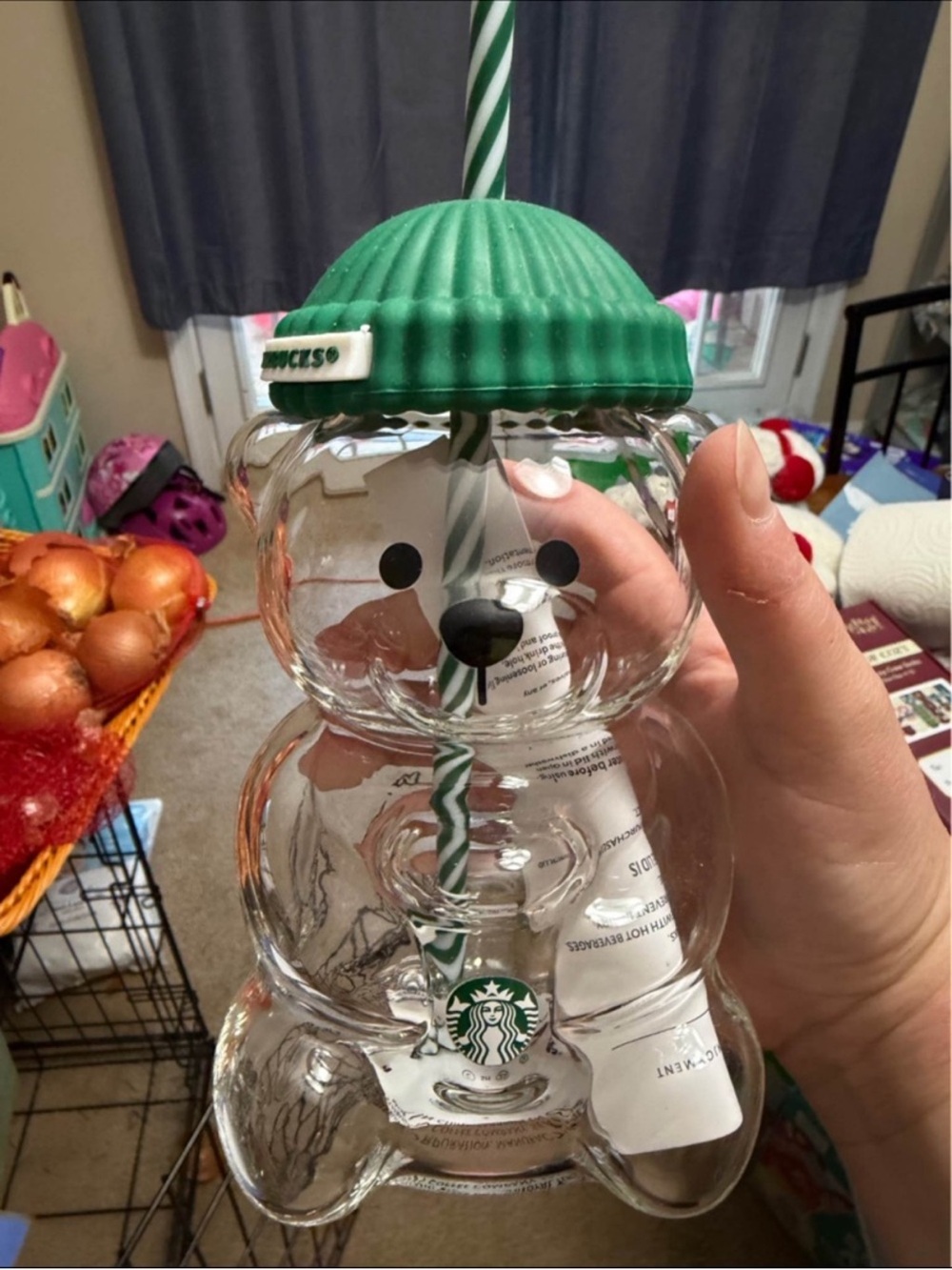 Starbucks Clear Bear Tumbler with Green Ribbed Beanie and Striped Straw